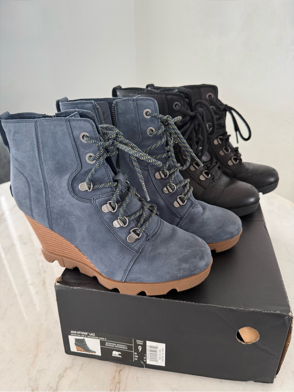 Sorel Women's 2 pairs of Joan Uptown Lace-Up Wedge Ankle Boots 1 Blue and 1Black